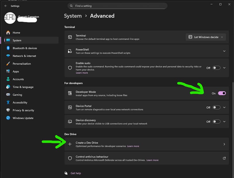 Enable Windows Dev Mode in System Settings